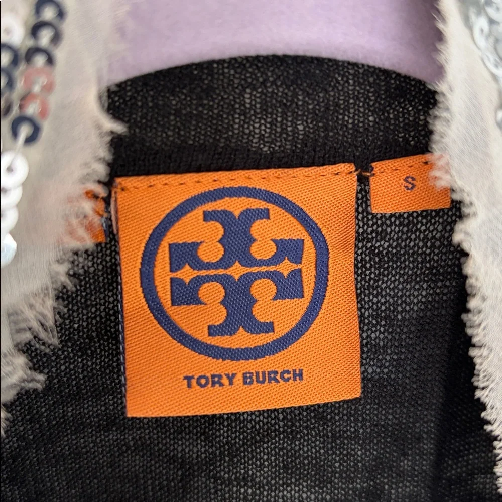 TORY BURCH QUINCY BLACK OPEN FRONT VINTAGE SWEATER CARDIGAN SILVER SEQUINS SZ S